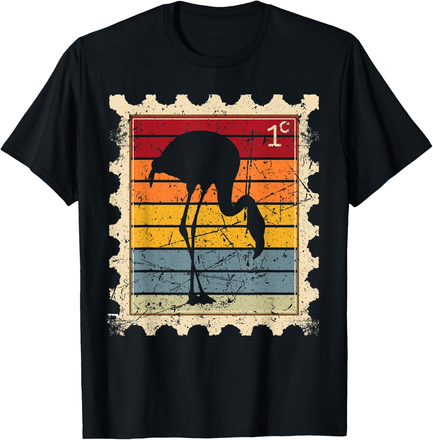 Postage Stamp with a Sunset Flamingo T-Shirt - T-Shirt | Black