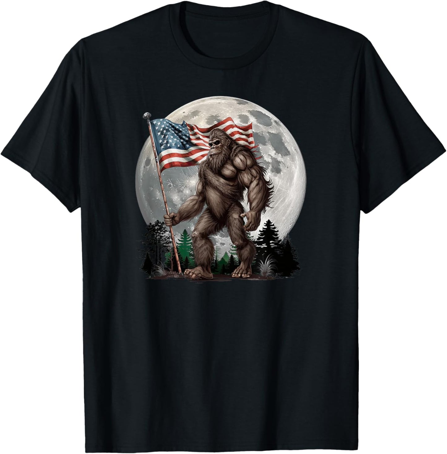Bigfoot Sasquatch - American Flag Full Moon Patriotic T-Shirt - T-Shirt | Black
