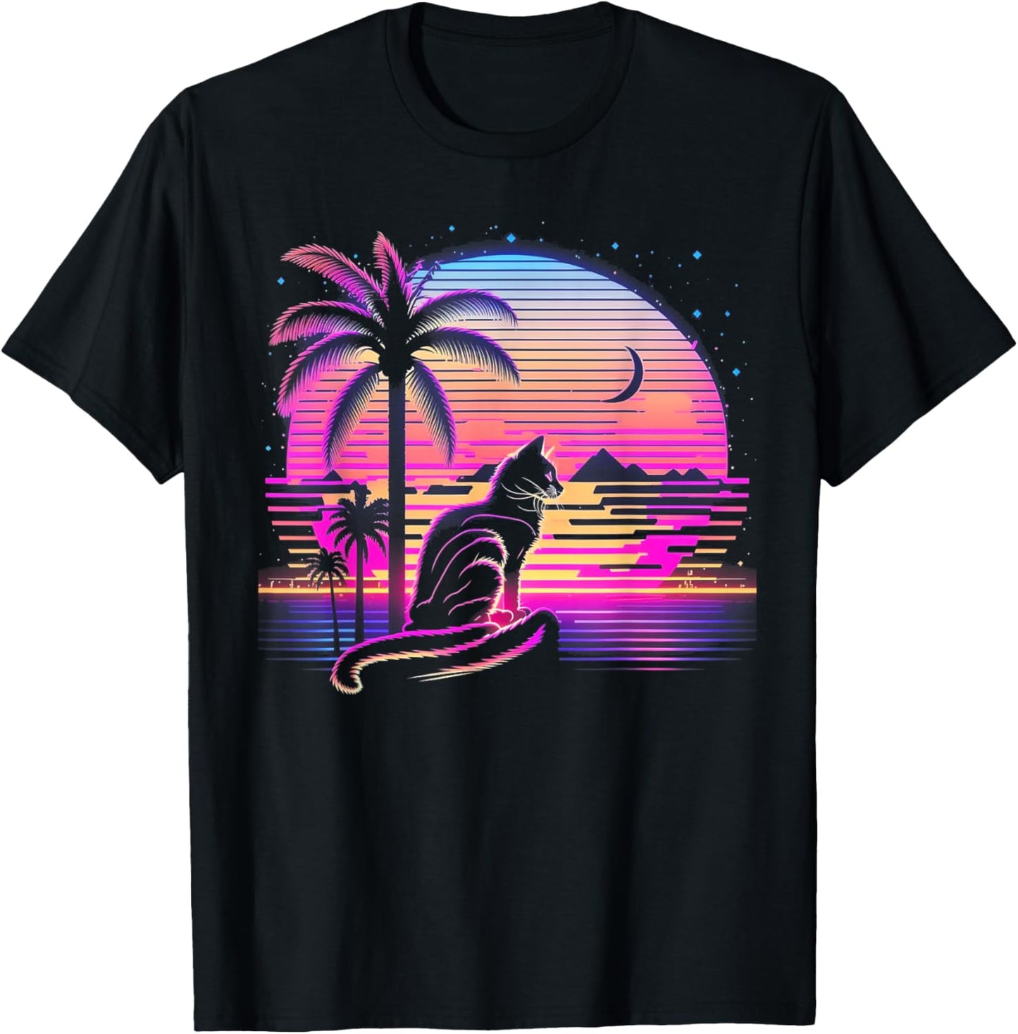 Cat Vaporwave Retrowave Aesthetic Synthwave 80s Palm Tree Men Women Kids T-Shirt - T-Shirt | Black
