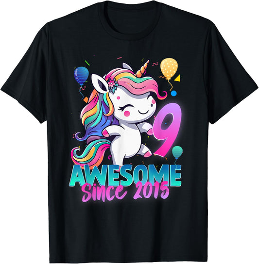 9th Birthday Girl Awesome Since 2015 9 Years Old Unicorn T-Shirt - T-Shirt | Black
