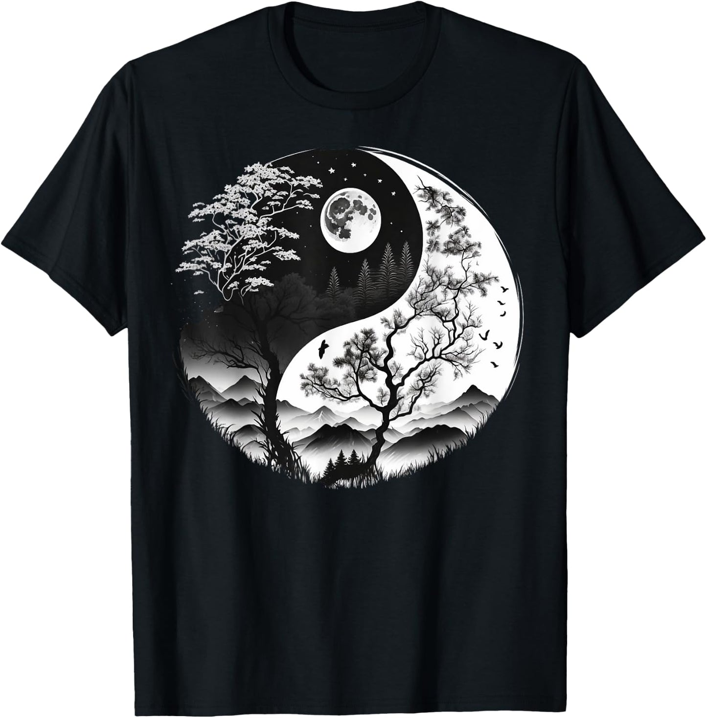 Black and White Yin Yang Symbol on Nature Taijitu Yin Yang T-Shirt - T-Shirt | Black