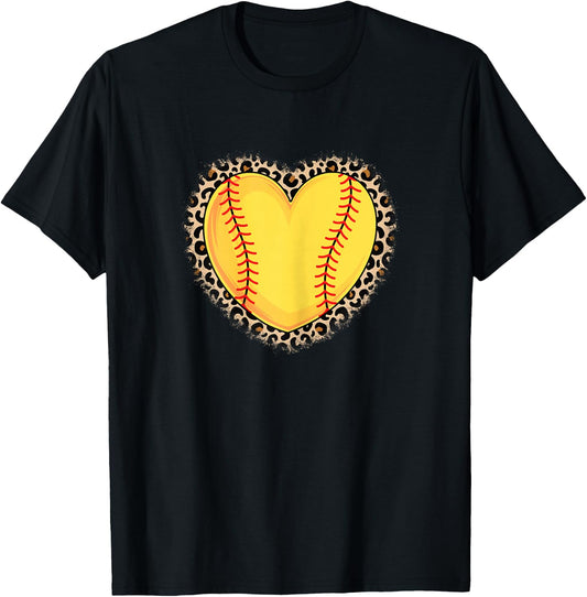 Cute Softball Heart Leopard Print Women Girls Softball Lover T-Shirt - T-Shirt | Black