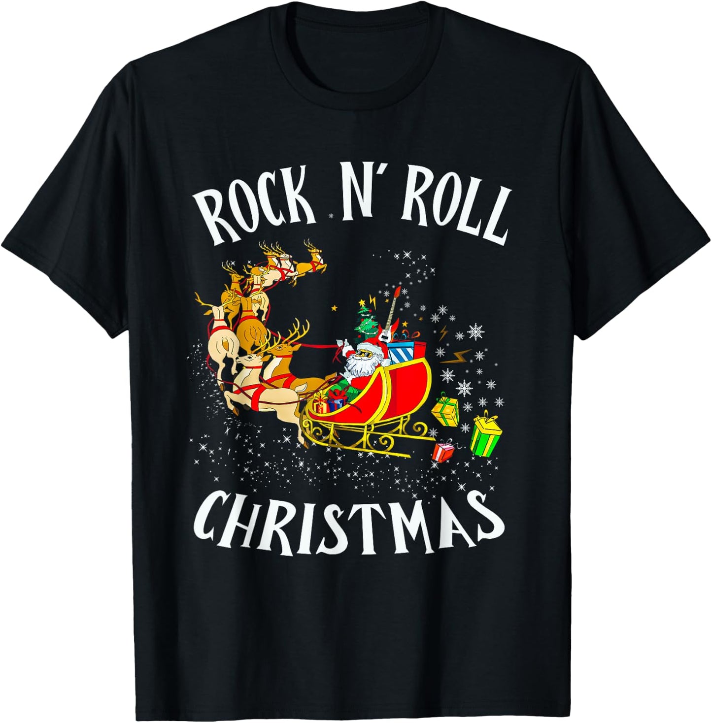 Rock N Roll Christmas Santa Sleigh Reindeer Xmas T-Shirt - T-Shirt | Black