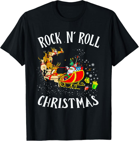 Rock N Roll Christmas Santa Sleigh Reindeer Xmas T-Shirt - T-Shirt | Black