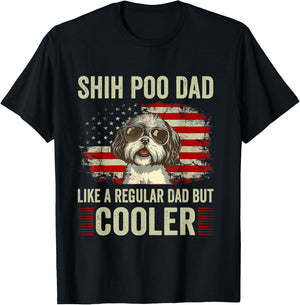 Funny American Flag Vintage Style Shih Poo Lovers Father’s Day Shih Poo Dad Like A Regular But Cooler , Black T-Shirt - T-Shirt | Black