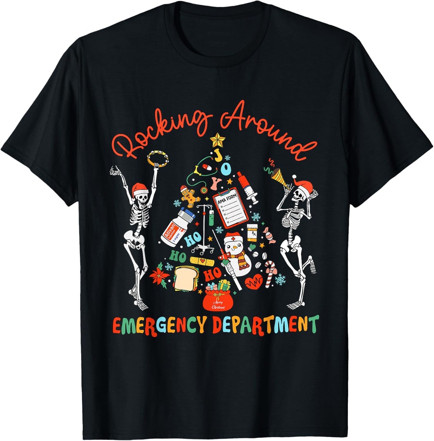 Emergency Department Nurse Rocking Around Skeleton Christmas T-Shirt - T-Shirt | Black