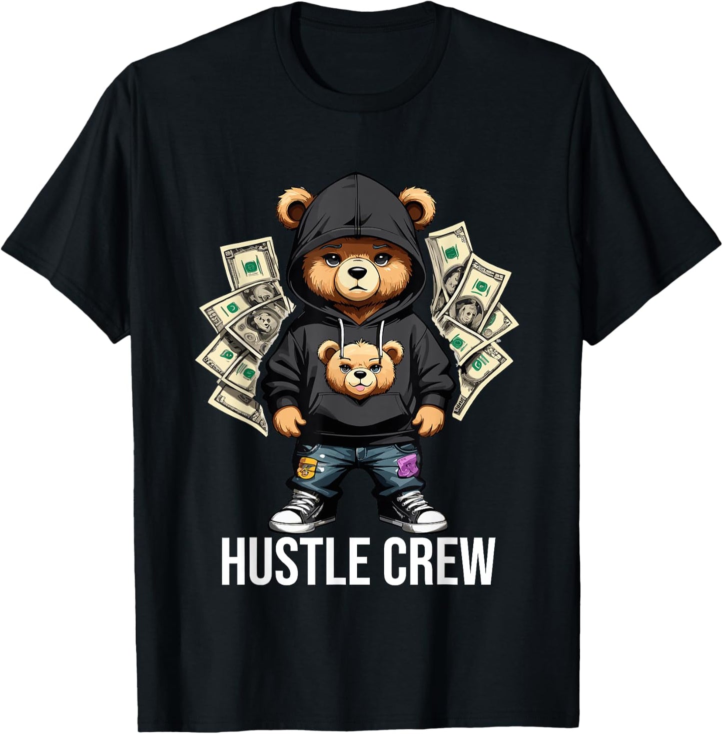 Money Hustle Crew Teddy Bear Gangster Dollar Hustler T-Shirt - T-Shirt | Black