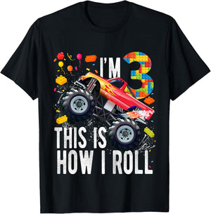 Kids 3 Year Old Building Blocks Monster Truck 3rd Birthday Boy T-Shirt - T-Shirt | Black