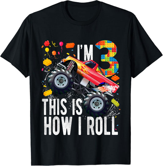Kids 3 Year Old Building Blocks Monster Truck 3rd Birthday Boy T-Shirt - T-Shirt | Black