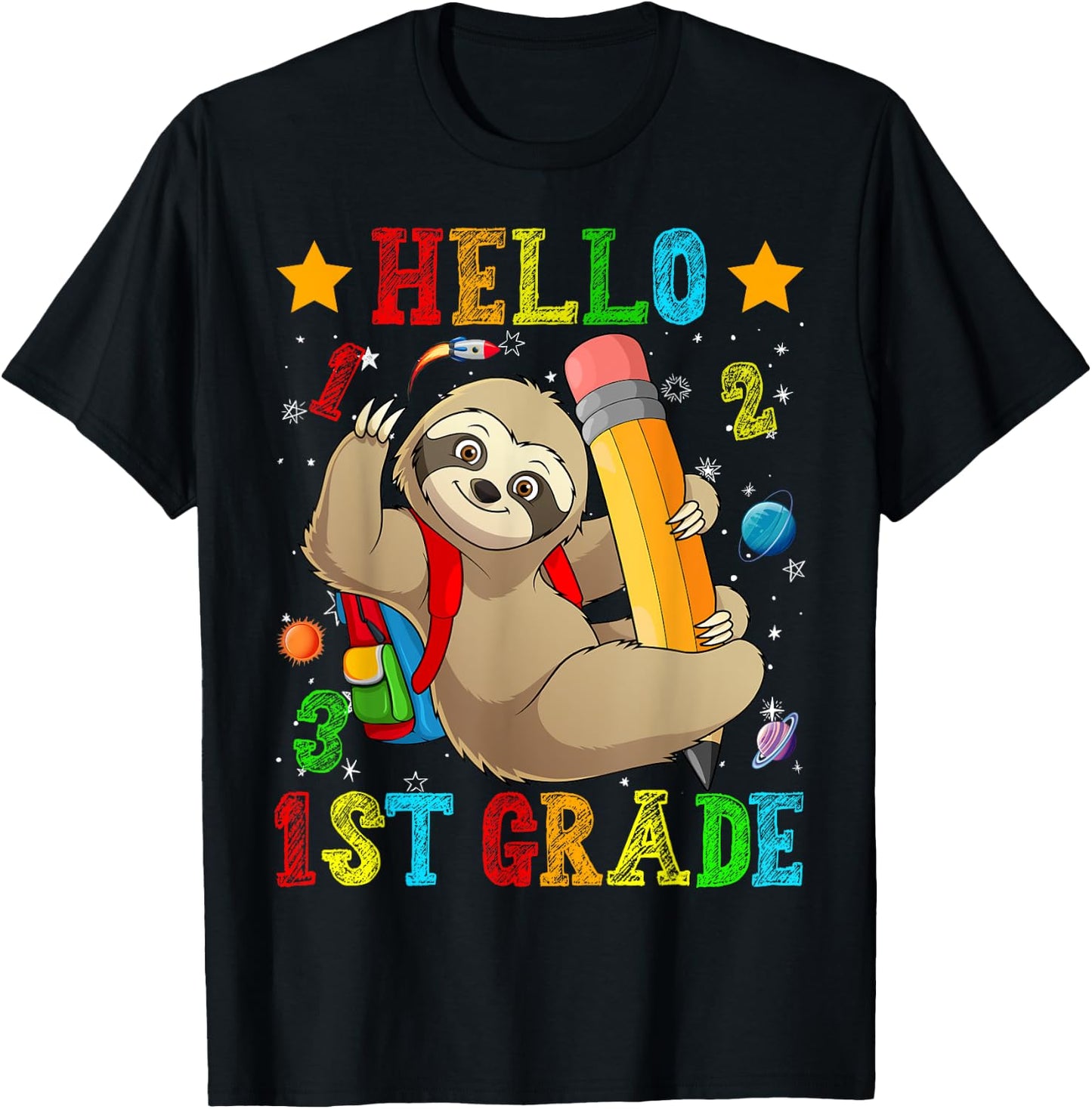 Cute Hello 1st Grade Sloth Animal Back To School Kids Girls T-Shirt - T-Shirt | Black