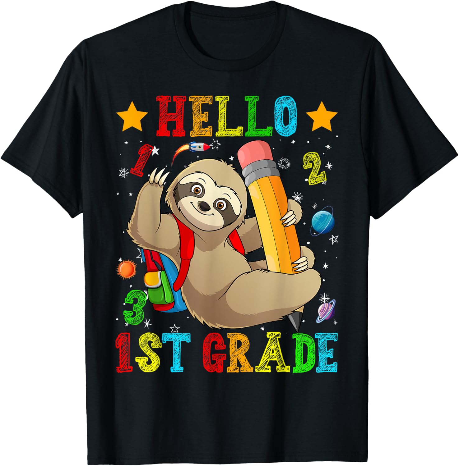 Cute Hello 1st Grade Sloth Animal Back To School Kids Girls T-Shirt - T-Shirt | Black