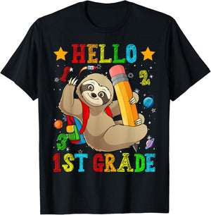 Cute Hello 1st Grade Sloth Animal Back To School Kids Girls T-Shirt - T-Shirt | Black