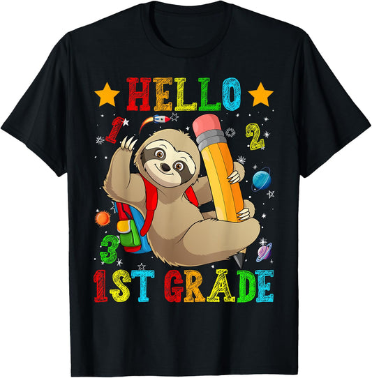Cute Hello 1st Grade Sloth Animal Back To School Kids Girls T-Shirt - T-Shirt | Black