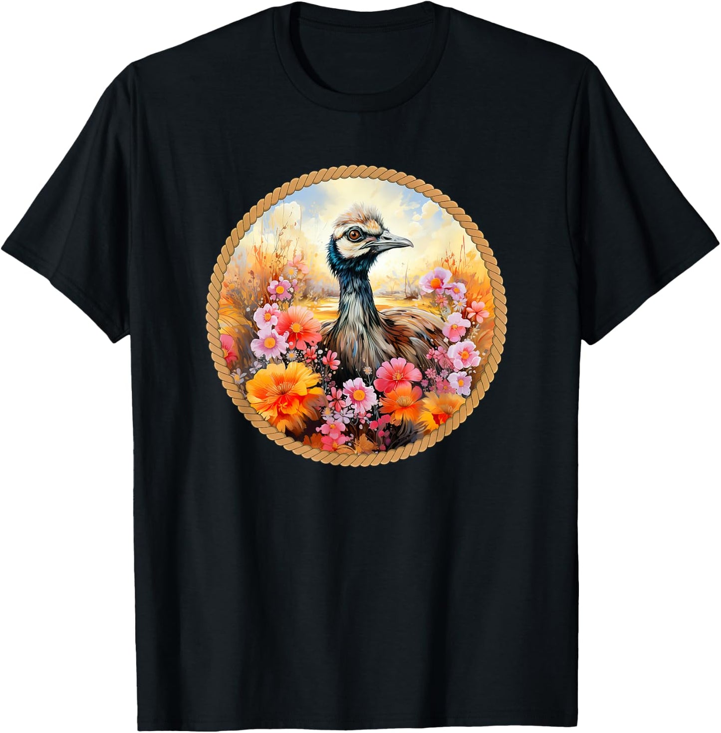 Cute Emu sitting in the meadow surrounded by flowers T-Shirt - T-Shirt | Black