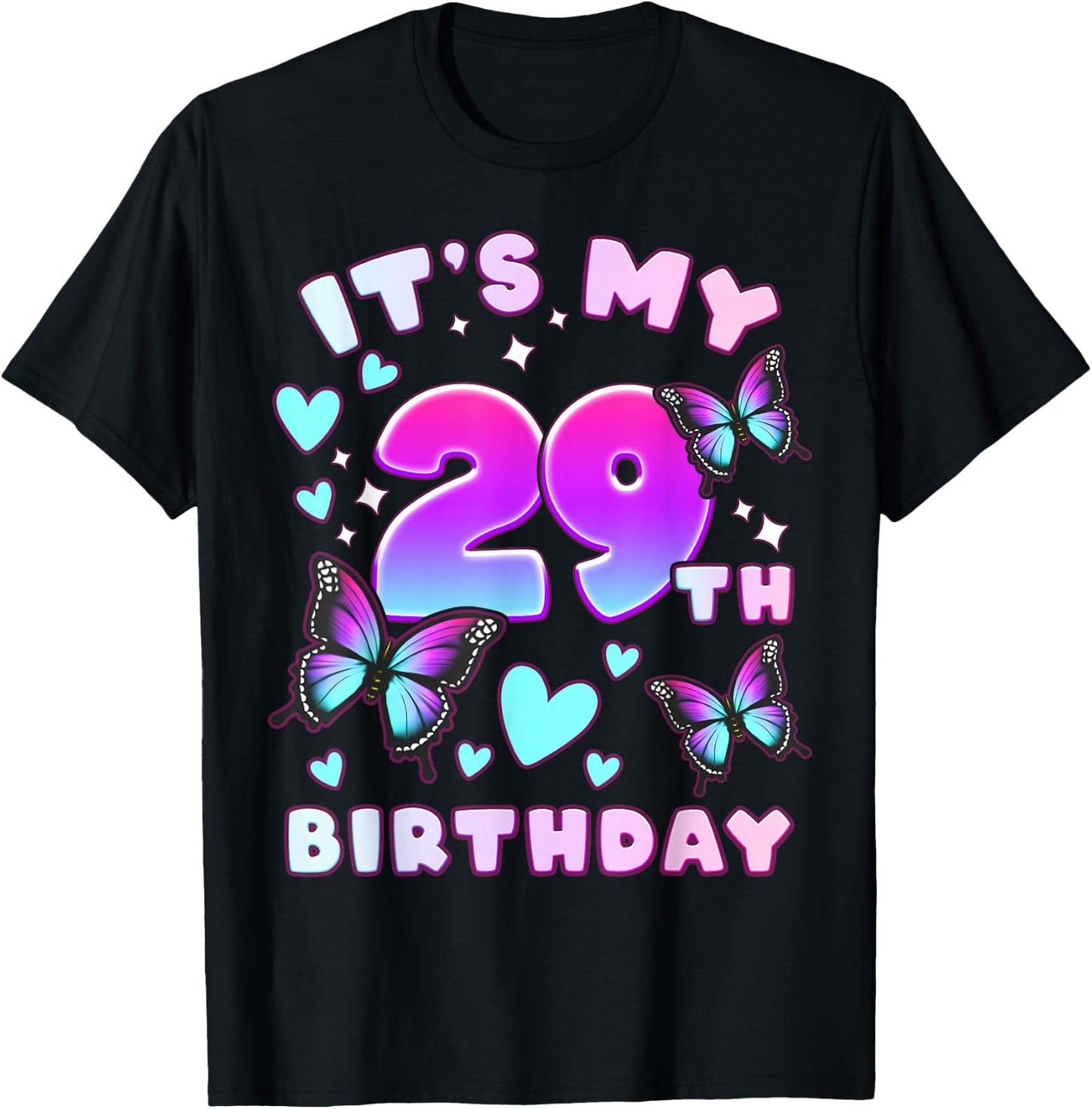 29th Birthday, Girl 29 years, Butterflies and Number 29 T-Shirt - T-Shirt | Black