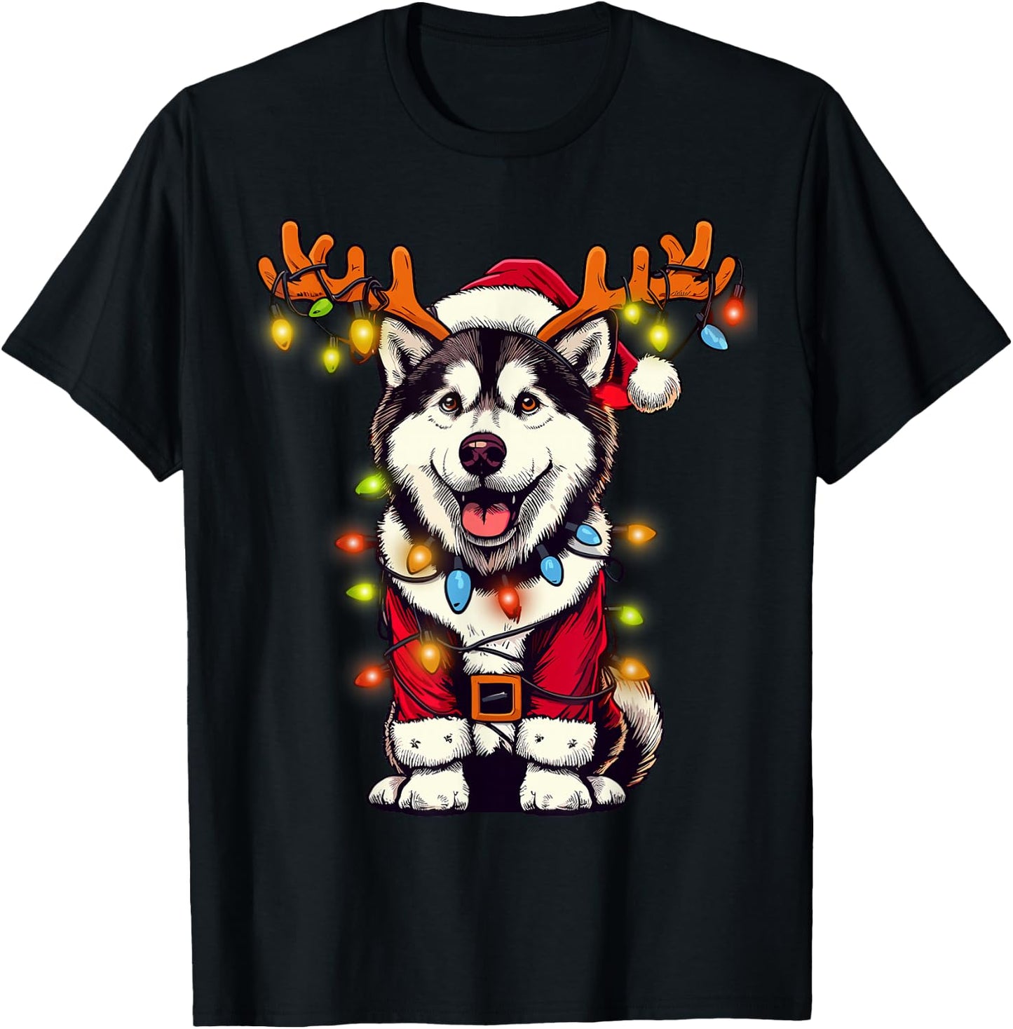 Funny Siberian Husky Christmas Tree Lights, Santa Dog T-Shirt - T-Shirt | Black