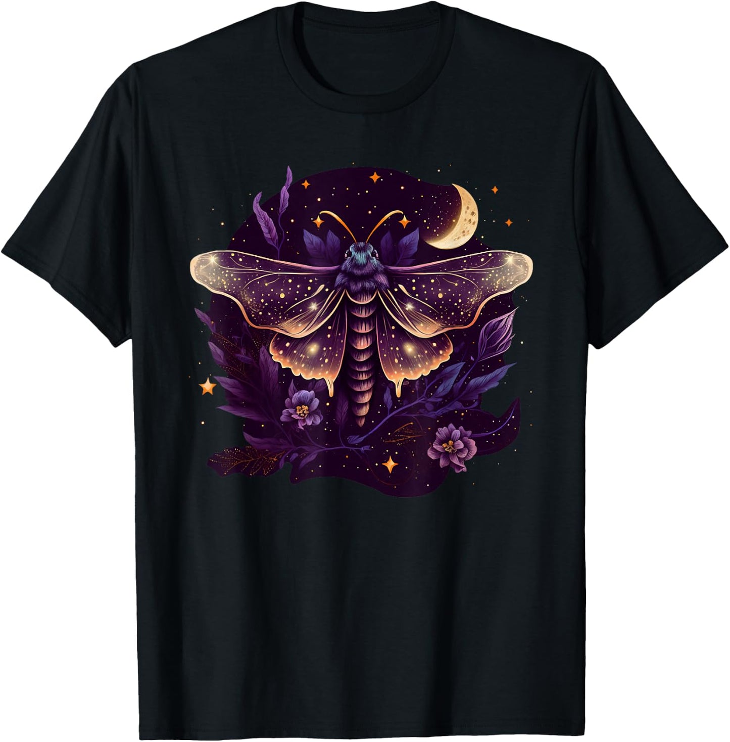 Moth with moon, butterfly, flowers, stars, night, vintage T-Shirt - T-Shirt | Black