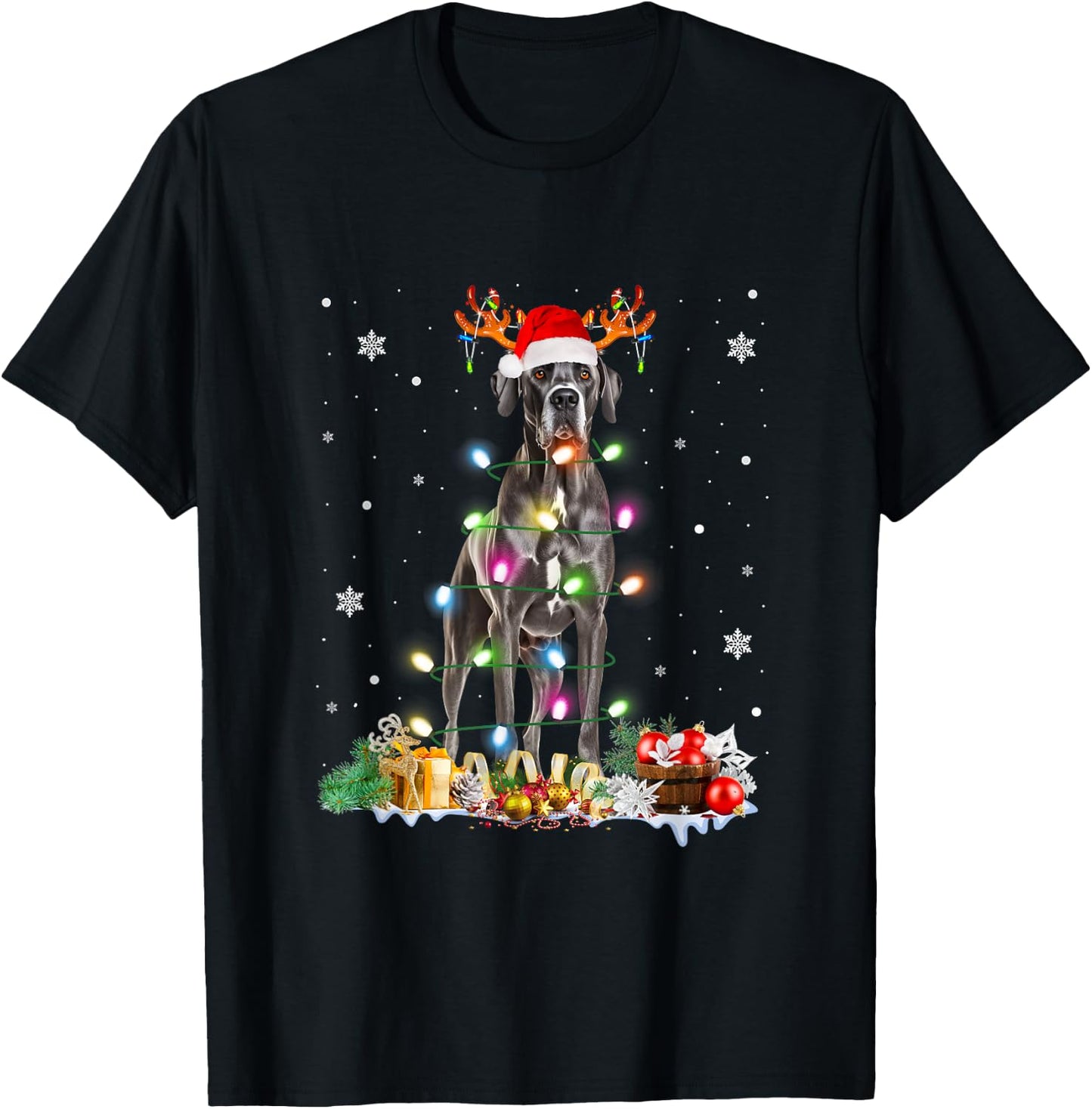 Great Dane Christmas Santa Hat Fairy Lights Pajama Dog Lover Men Women Kids T-Shirt - T-Shirt | Black