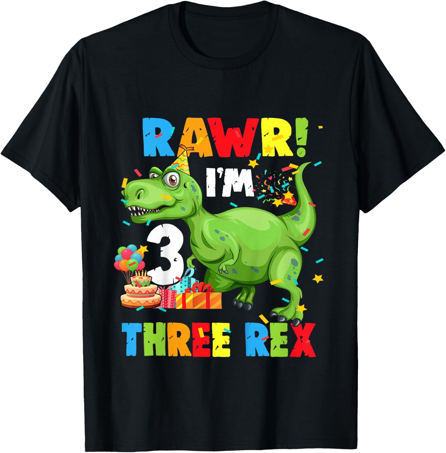 Kids Three Rex Birthday Party Outfit Dinosaur 3 Year Old Boy T-Shirt - T-Shirt | Black