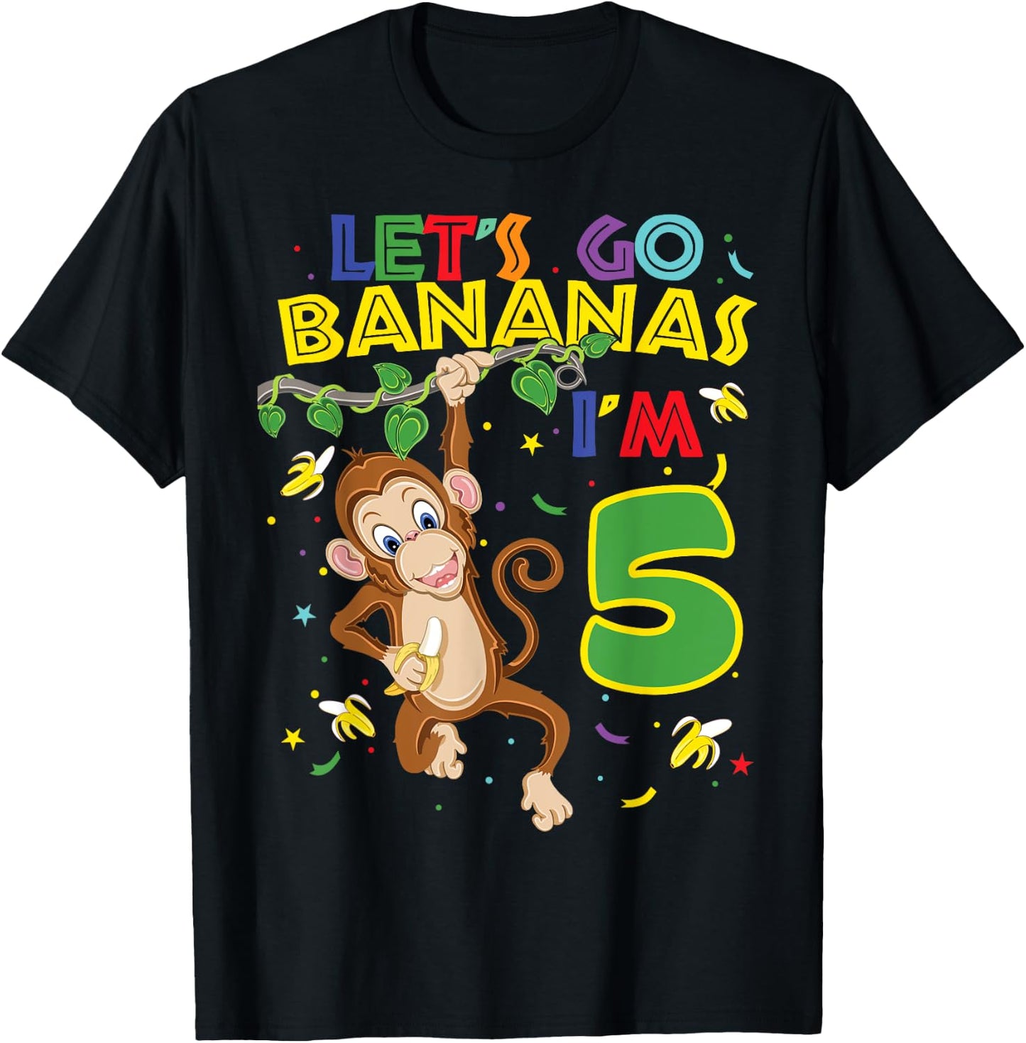 Kids Monkey 5th Birthday Zoo Let's Go Bananas I'm 5 T-Shirt - T-Shirt | Black