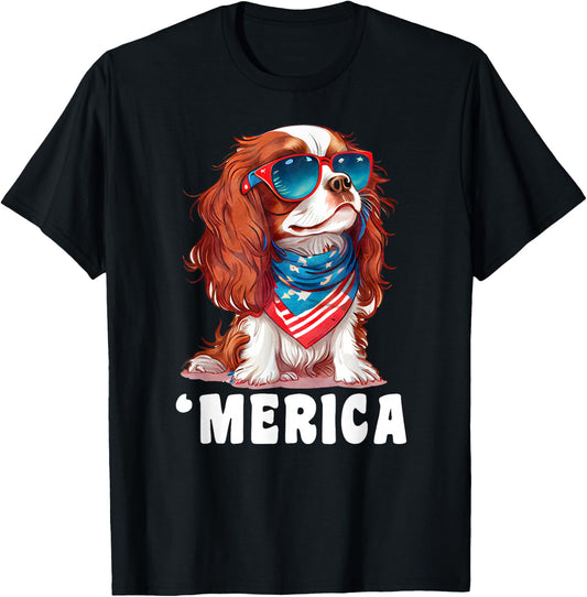 Retro 'Merica Cavalier Spaniel dog Dad Mom 4th of July Kids Men T-Shirt - T-Shirt | Black