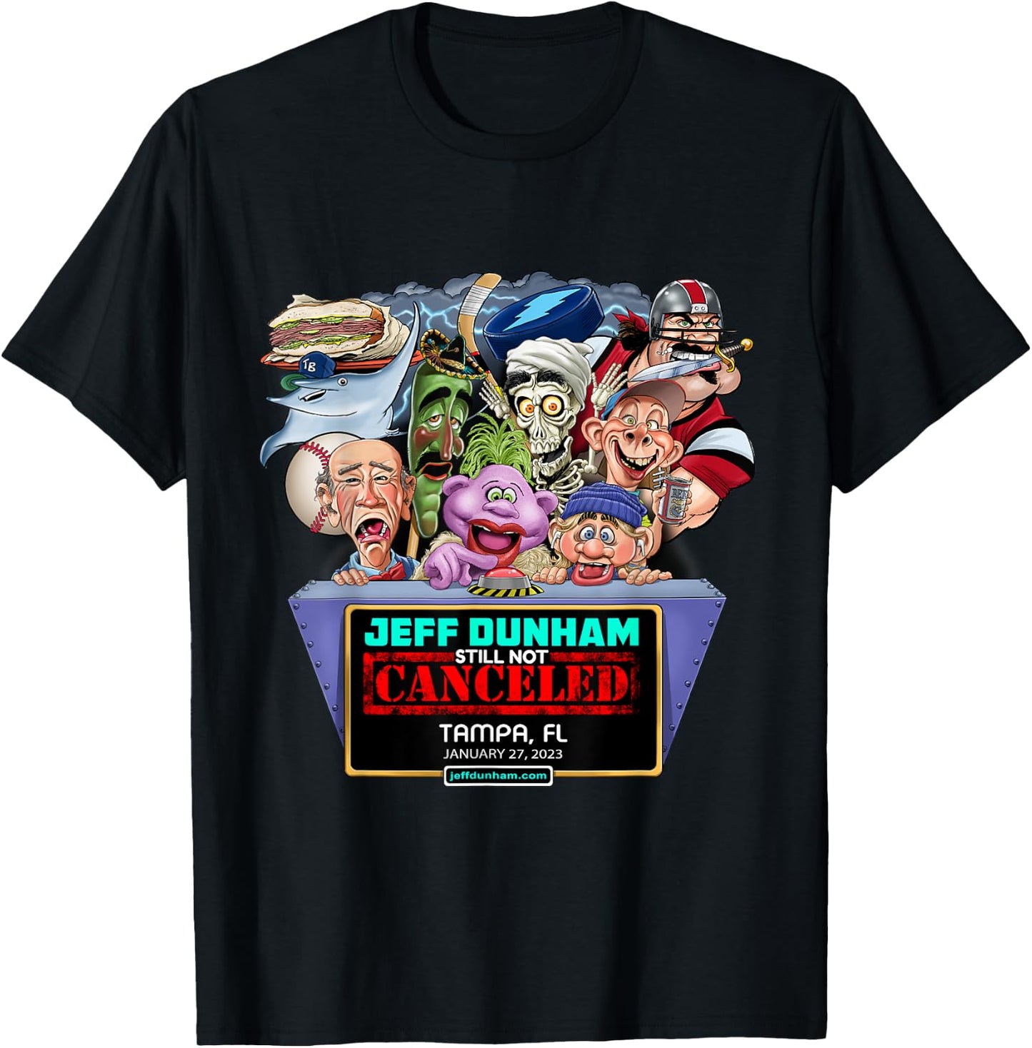 Jeff Dunham Black Cartoon , -Adults/Kids, Small, Short Sleeve, Classic Fit, Modern Style, Limited Edition Design, Jeff Dunham Tampa, FL (2023) T-Shirt - T-Shirt | Black