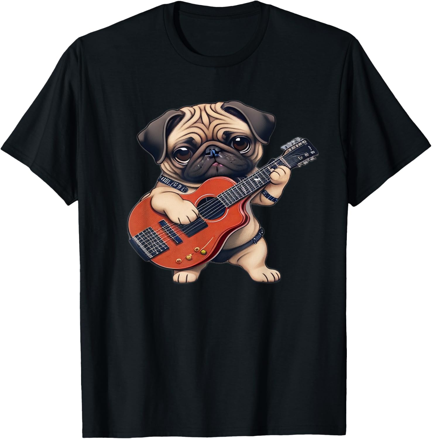 Pug Playing Guitar Cute Pug Electric Bass Guitar Player T-Shirt - T-Shirt | Black