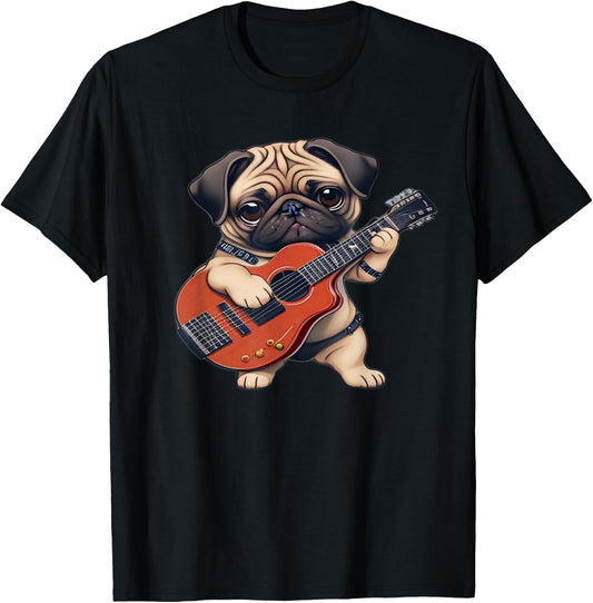 Pug Playing Guitar Cute Pug Electric Bass Guitar Player T-Shirt - T-Shirt | Black