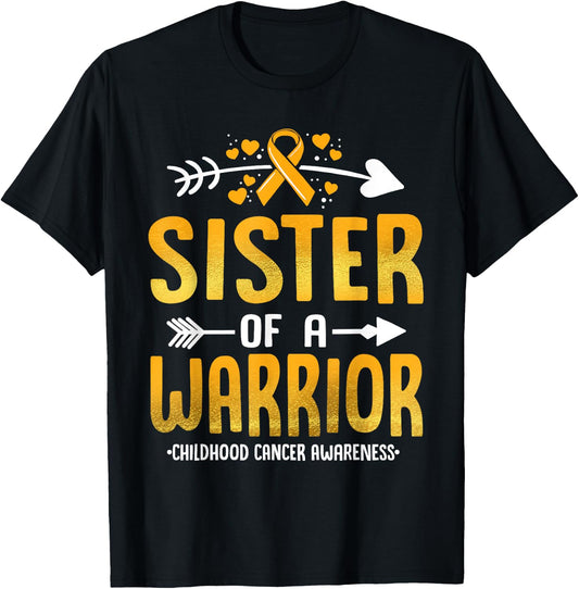 Sister Of A Warrior Childhood Cancer Awareness Gold Ribbon T-Shirt - T-Shirt | Black