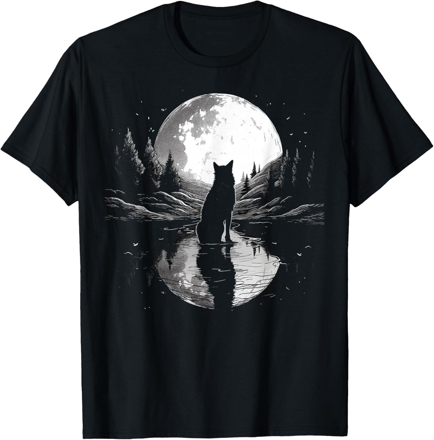 wolf looking moon on River for lover wolves wildlife animal T-Shirt - T-Shirt | Black