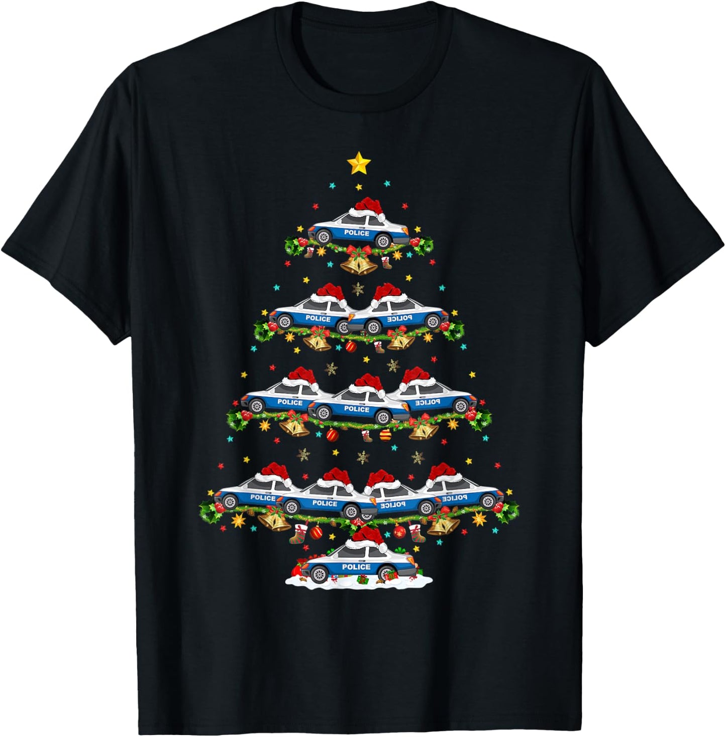 Police Car Lover Matching Santa Police Car Christmas Tree T-Shirt - T-Shirt | Black