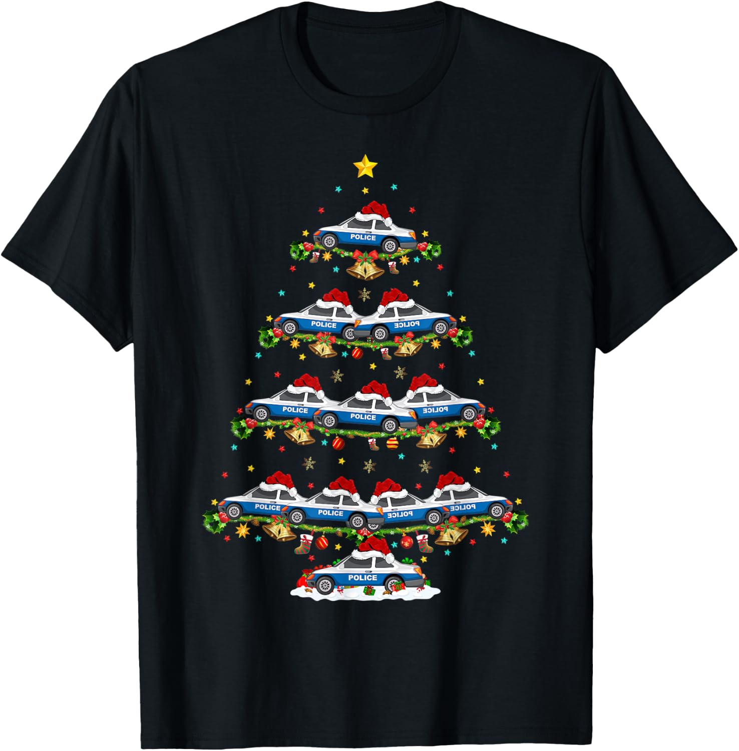 Police Car Lover Matching Santa Police Car Christmas Tree T-Shirt - T-Shirt | Black