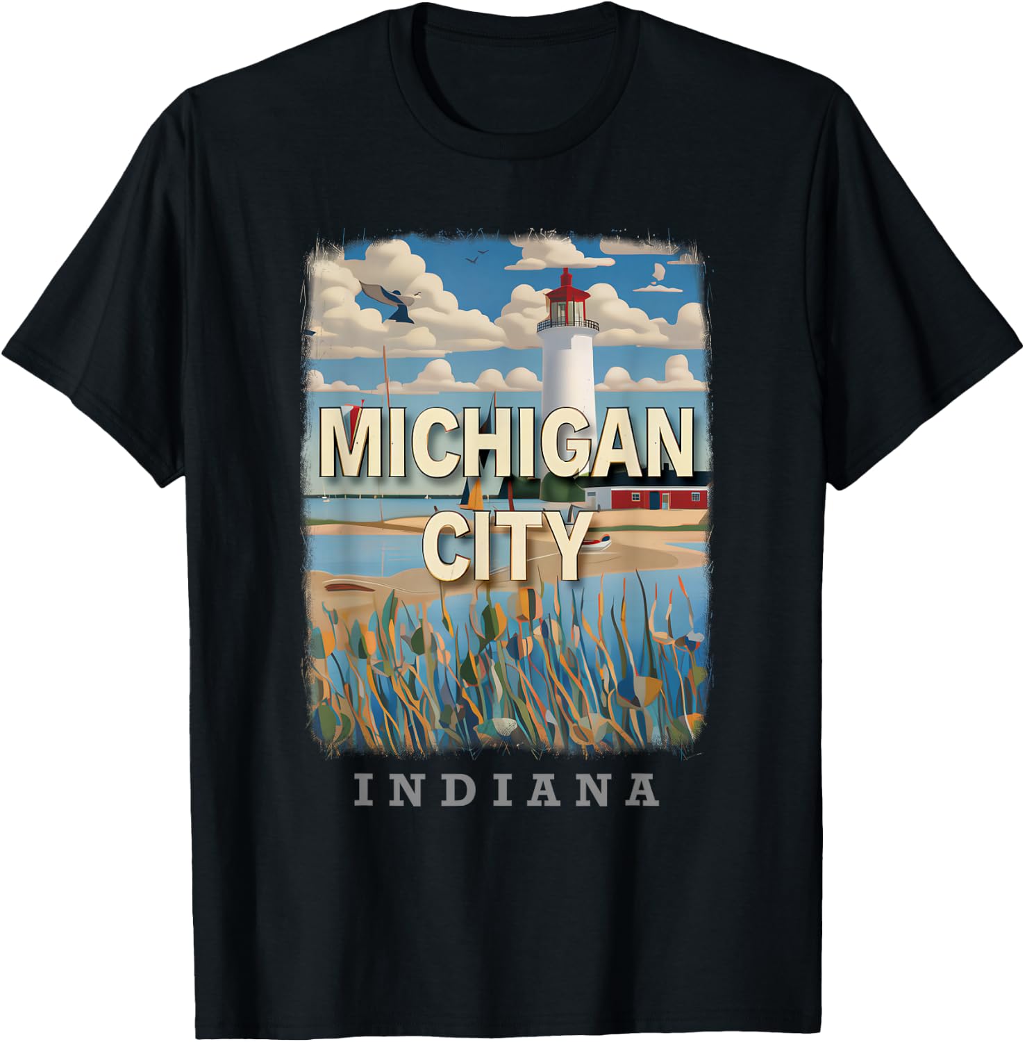 Michigan City Indiana IN Lighthouse Bliss SD701 T-Shirt - T-Shirt | Black