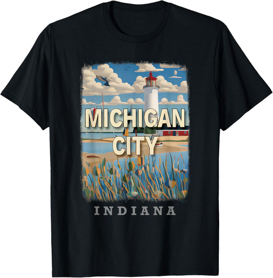 Michigan City Indiana IN Lighthouse Bliss SD701 T-Shirt - T-Shirt | Black