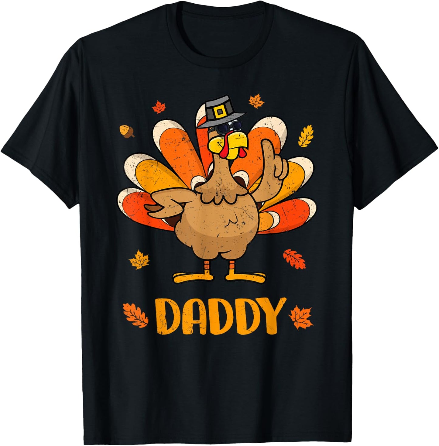 Retro Thanksgiving Daddy Turkey Thankful Fall Family Outfit T-Shirt - T-Shirt | Black