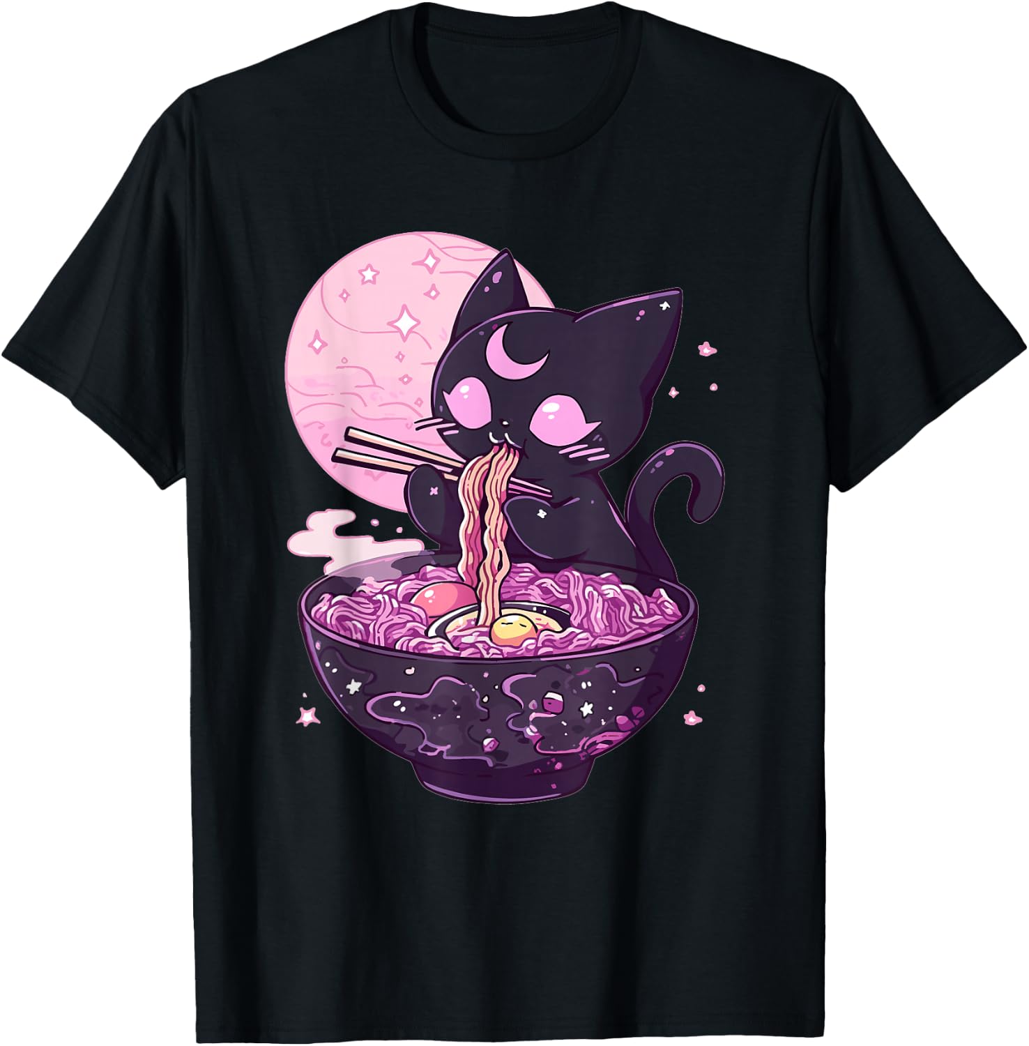 Pastel Goth Aesthetic Kawaii Creepy Cat Eating Ramen Noodles T-Shirt - T-Shirt | Black