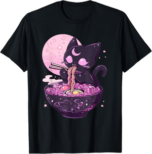 Pastel Goth Aesthetic Kawaii Creepy Cat Eating Ramen Noodles T-Shirt - T-Shirt | Black