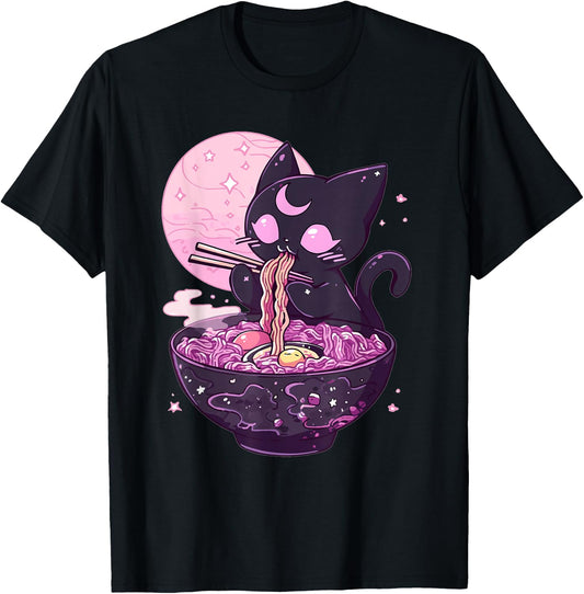Pastel Goth Aesthetic Kawaii Creepy Cat Eating Ramen Noodles T-Shirt - T-Shirt | Black