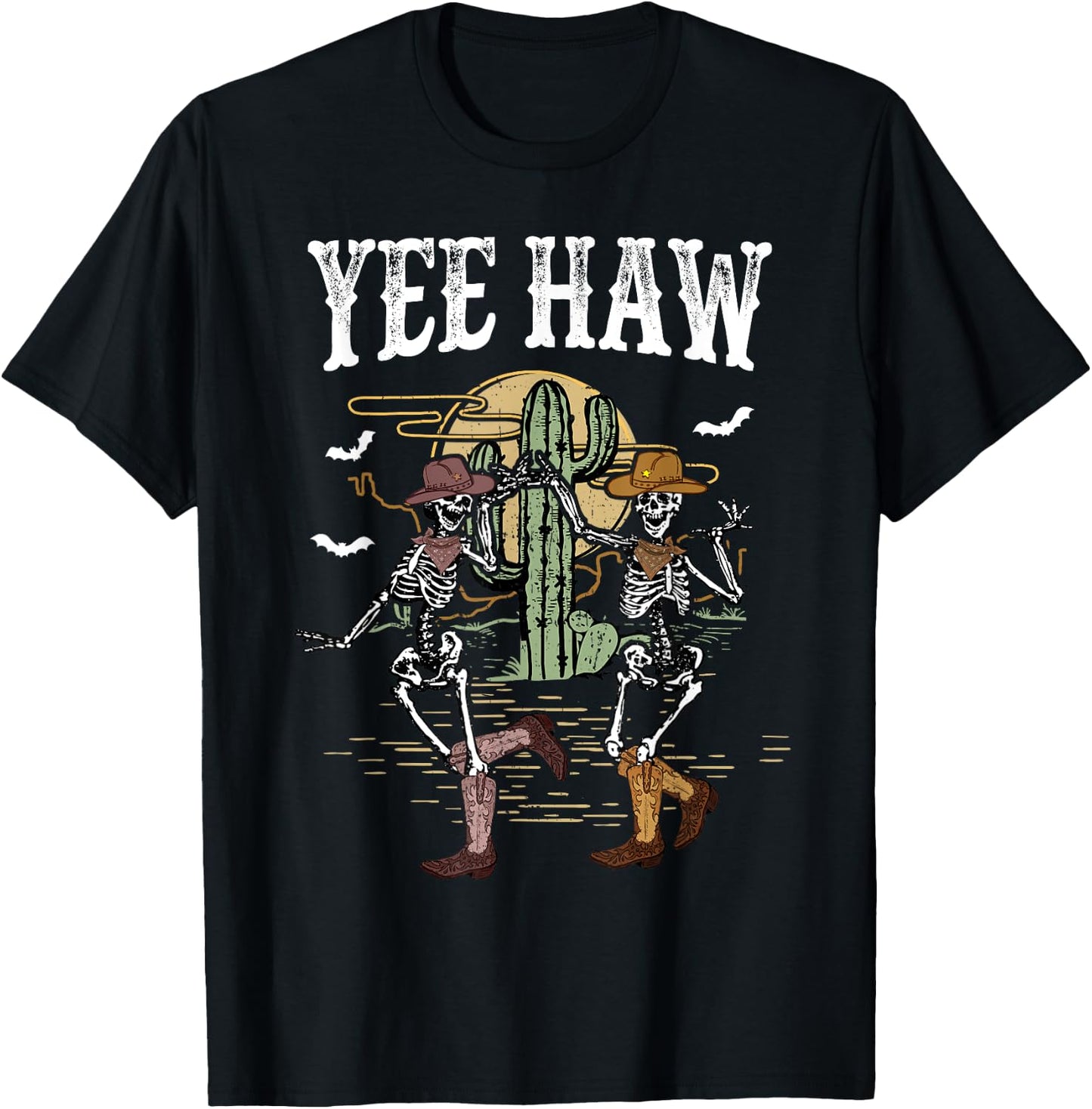 Howdy Retro Desert Dancing Skeleton Cowboy Boots Hat Western T-Shirt - T-Shirt | Black