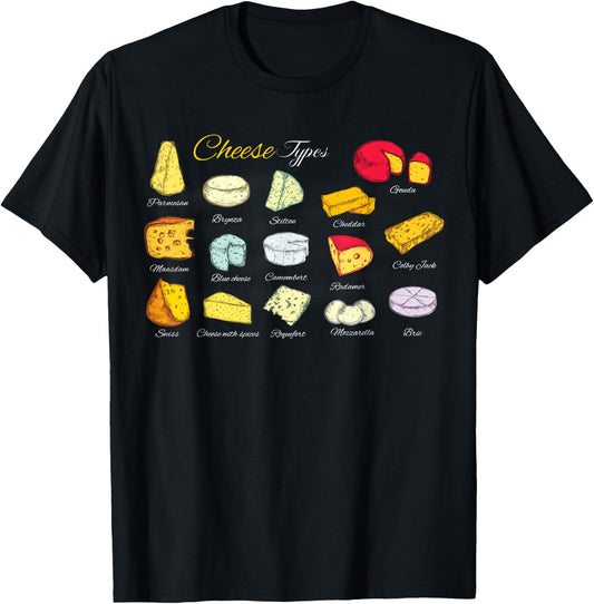 Funny Vintage Cheese Types for Lovers T-Shirt - T-Shirt | Black