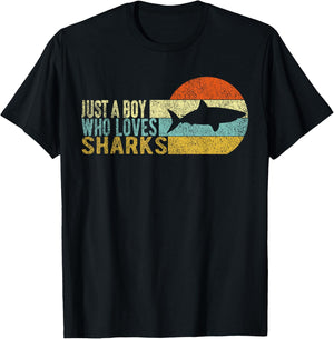 Just A Boy Who Loves Sharks Lover Funny Shark Retro T-Shirt - T-Shirt | Black