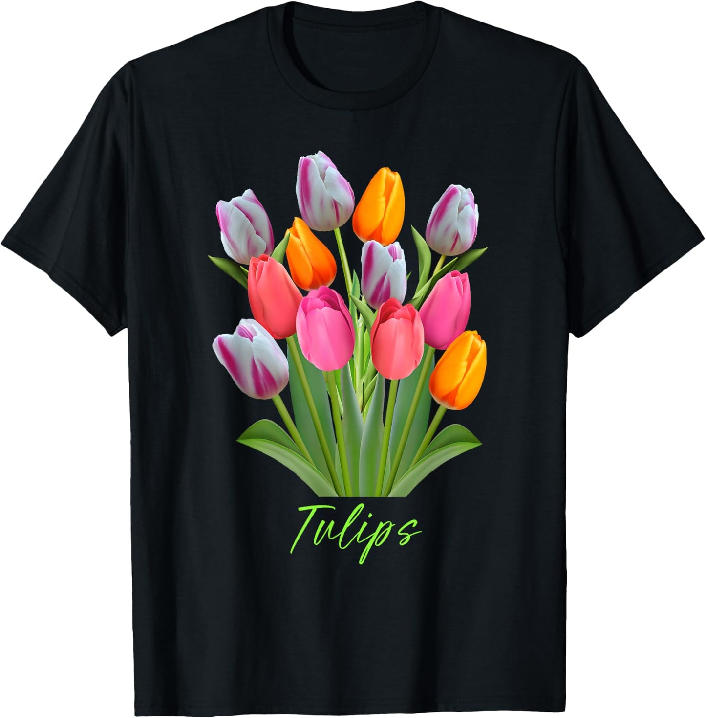 Beautiful Pink, White, Purple and Yellow Tulips flowers T-Shirt - T-Shirt | Black