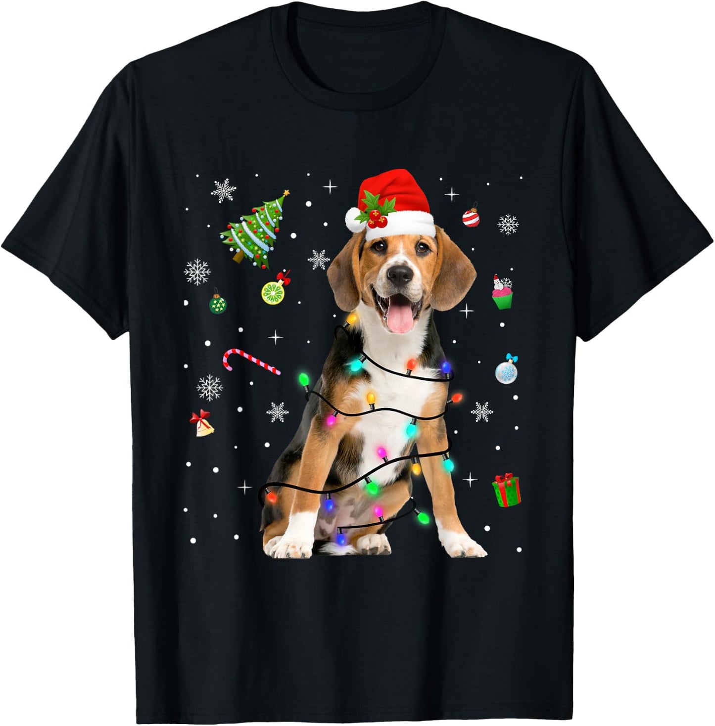 Beagle Dog Christmas Lights Santa Hat Dog Dad Mom Women Kids T-Shirt - T-Shirt | Black