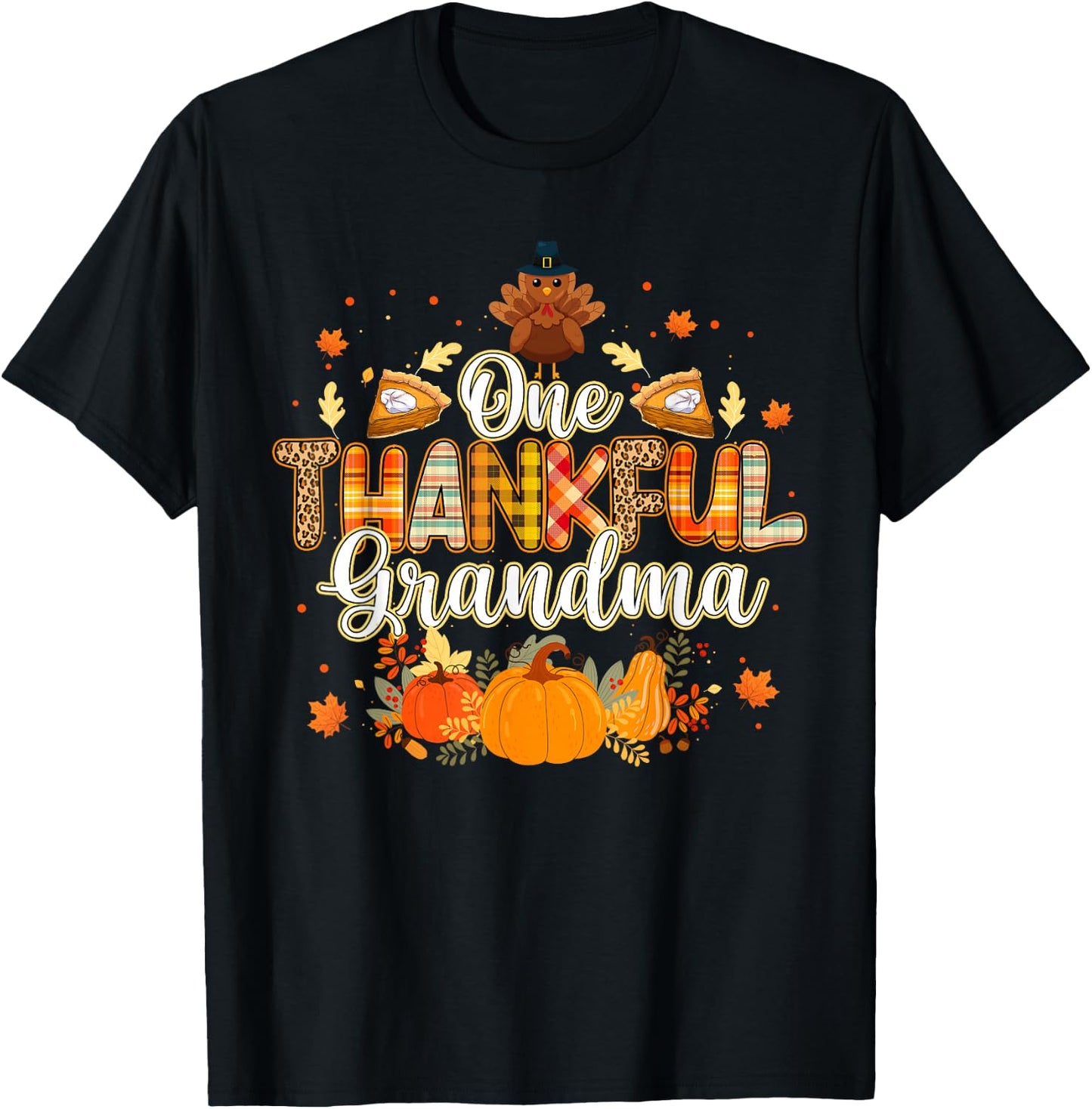 One Thankful Grandma Fall Leaves Autumn Grandma Thanksgiving T-Shirt - T-Shirt | Black