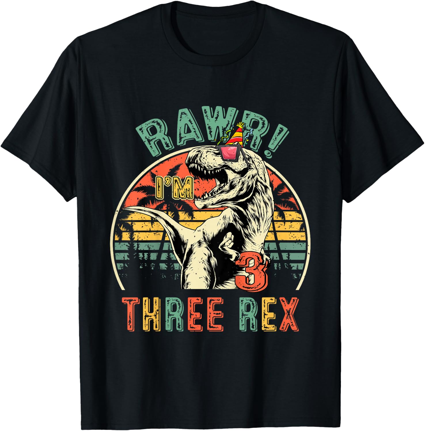 Kids Three Rex Birthday Party Outfit Dinosaur 3 Year Old Boy T-Shirt - T-Shirt | Black