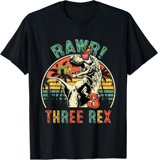 Kids Three Rex Birthday Party Outfit Dinosaur 3 Year Old Boy T-Shirt - T-Shirt | Black