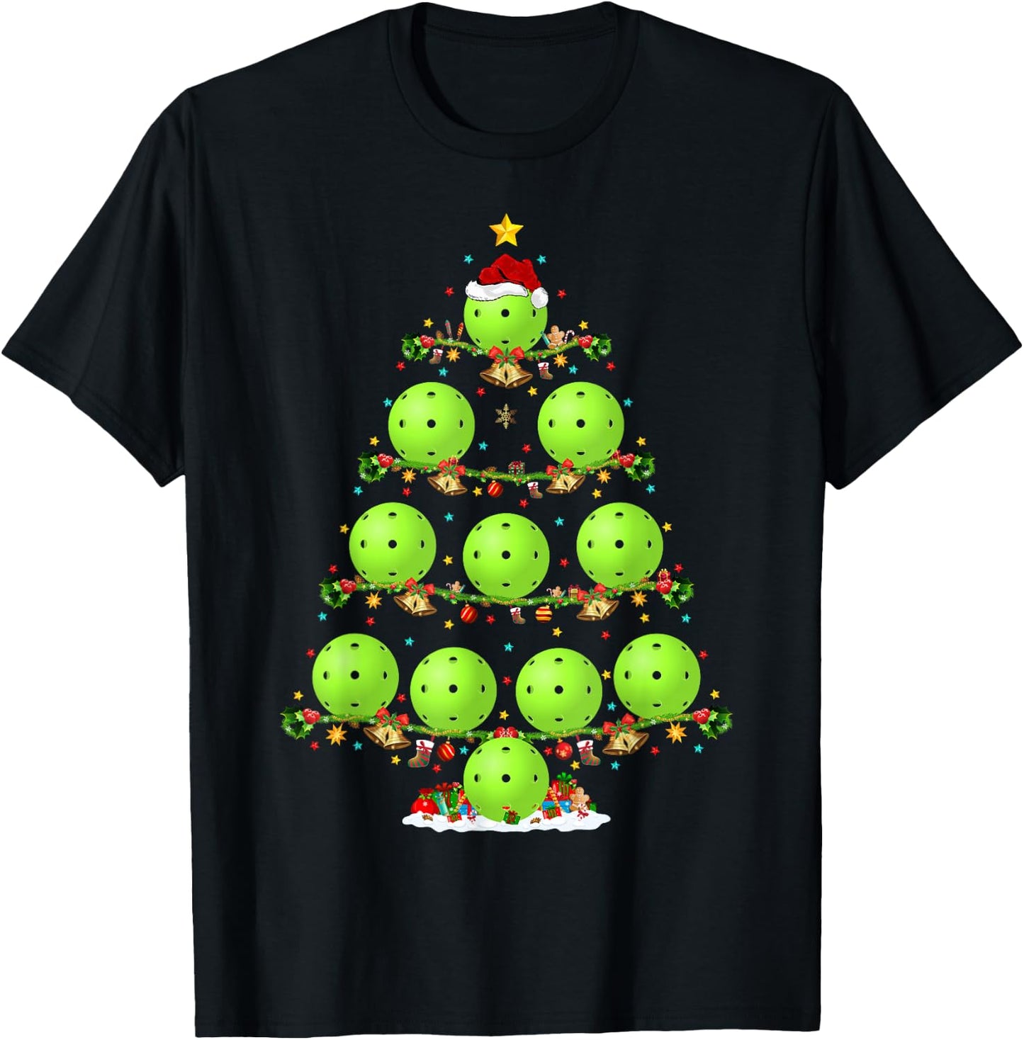 Pickleball Tree Christmas Ugly Sweater Pickleball Sports T-Shirt - T-Shirt | Black