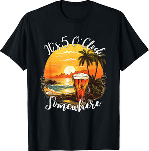 It's 5 O’clock Somewhere Beer on a Summer Beach Design T-Shirt - T-Shirt | Black