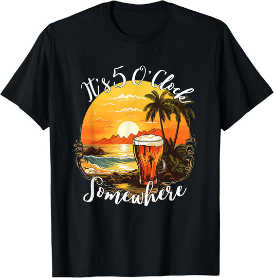 It's 5 O’clock Somewhere Beer on a Summer Beach Design T-Shirt - T-Shirt | Black