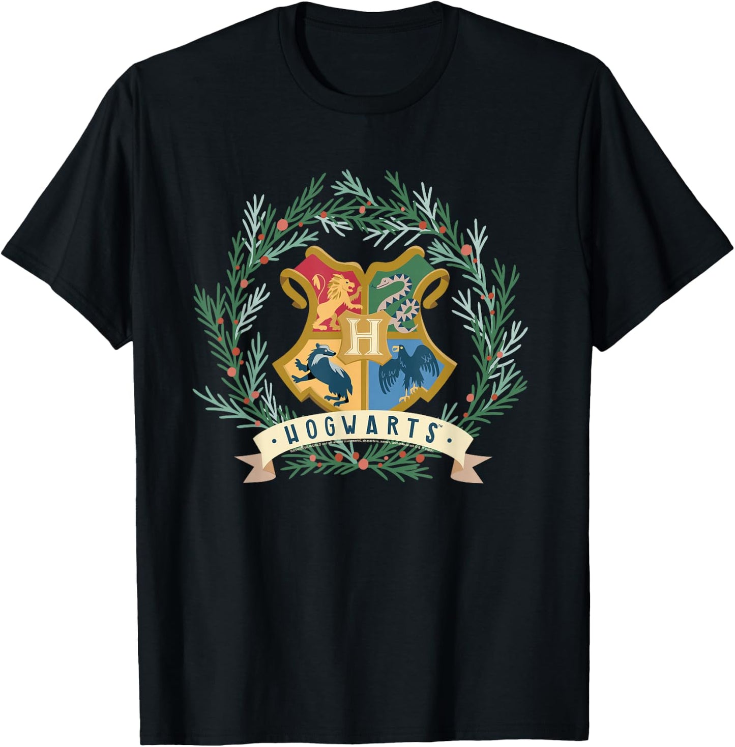 Harry Potter Hogwarts Shield Christmas Wreath T-Shirt - T-Shirt | Black